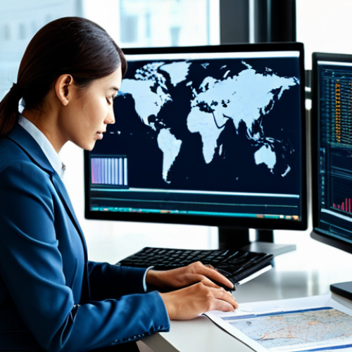 A professional customs agent, a diverse individual in a modest business suit, is thoughtfully reviewing international trade documents at a sleek desk in a modern, well-lit office. Computer screens display intricate shipping data and global maps, while a stylized globe hints at worldwide connections. The setting is clean and organized, emphasizing precision and expertise in global commerce. The image should convey a sense of competence and focus on intricate details within the international logistics field, fully clothed, appropriate attire, safe for work, perfect anatomy, correct proportions, natural pose, well-formed hands, proper finger count, natural body proportions, professional, modest, family-friendly.