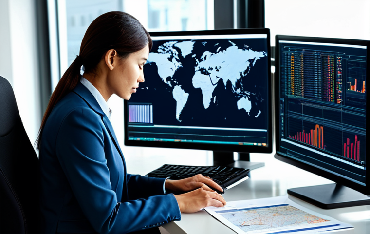 A professional customs agent, a diverse individual in a modest business suit, is thoughtfully reviewing international trade documents at a sleek desk in a modern, well-lit office. Computer screens display intricate shipping data and global maps, while a stylized globe hints at worldwide connections. The setting is clean and organized, emphasizing precision and expertise in global commerce. The image should convey a sense of competence and focus on intricate details within the international logistics field, fully clothed, appropriate attire, safe for work, perfect anatomy, correct proportions, natural pose, well-formed hands, proper finger count, natural body proportions, professional, modest, family-friendly.