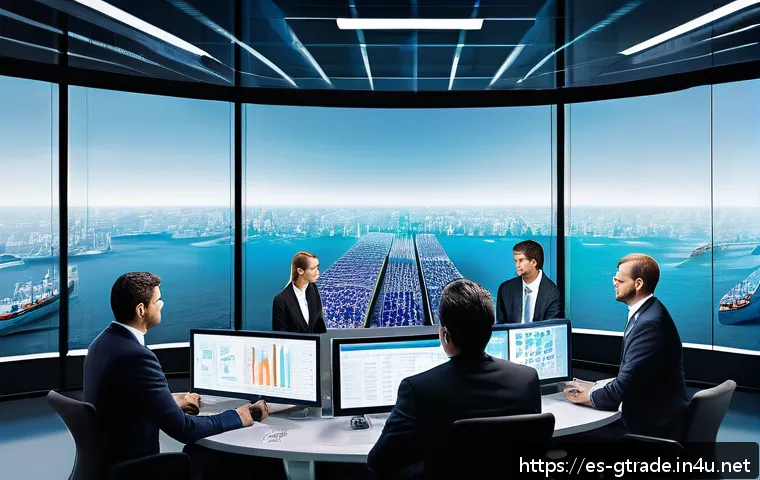 무역 전문가가 읽어야 할 필독서 목록 - A detailed, professional office scene showing a diverse group of international businesspeople analyz...