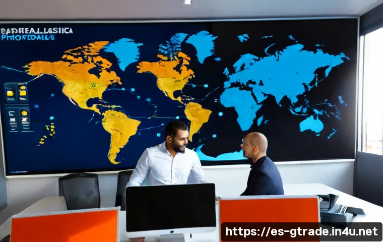 Home 15 글로벌 무역과 AI 기술의 융합 사례 - Photorealistic modern logistics office in Valencia, Spain, a Spanish trade manager and an AI enginee...